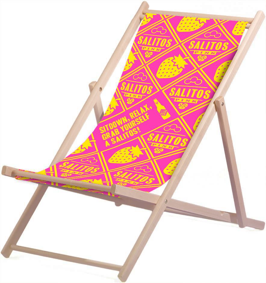1 Salitos beer deck chair, wood with polyester cover, max. 95 kg, pink and yellow, new