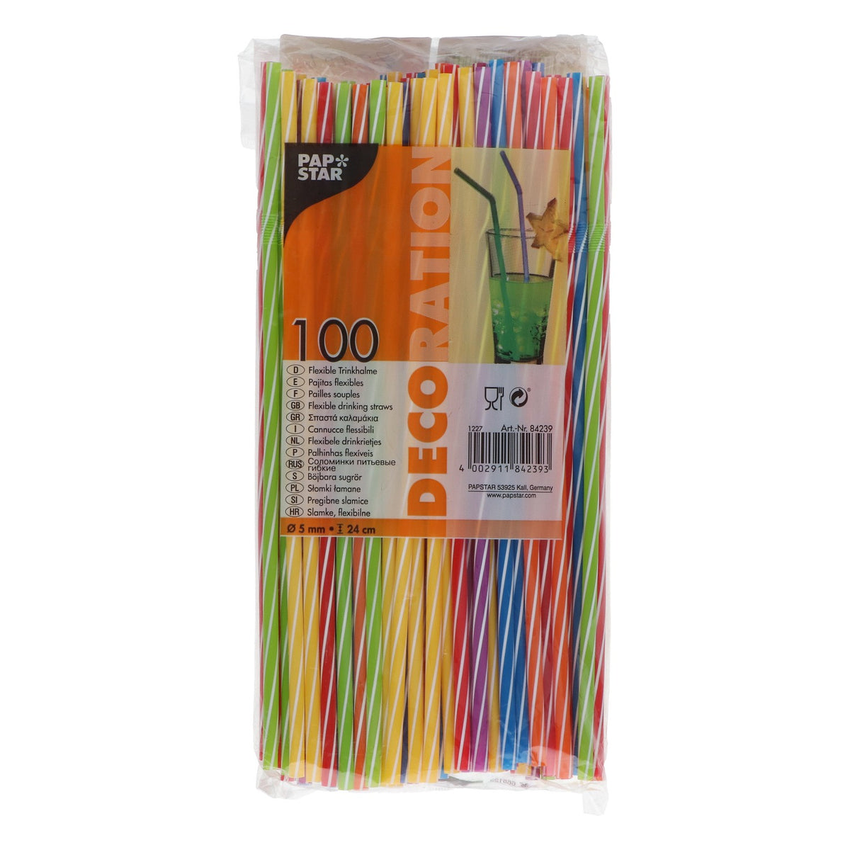 100 Papstar drinking straws, 0.5 x 24 cm, bendable, plastic, assorted colors