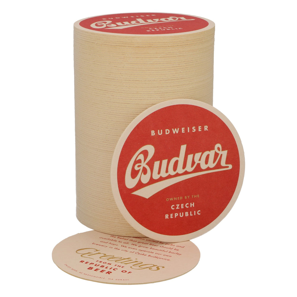 100x Budweiser beer coasters, glass coasters, bar accessories "Budvar" red with white border