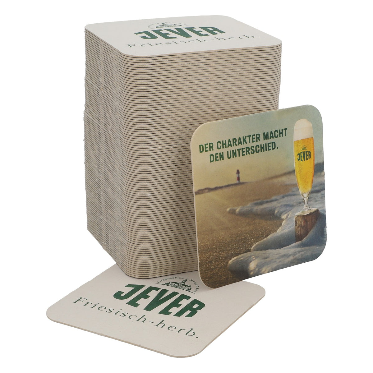 100x Jever beer coasters Glass coasters "Character makes the difference" 9.5x9.5cm