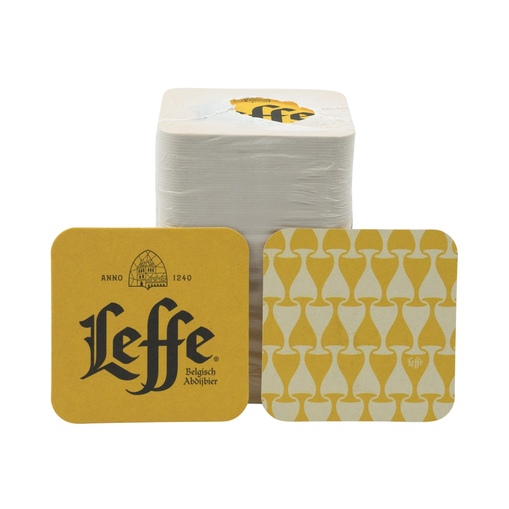 100x Leffe beer coasters, 9x9cm, drip-proof, for restaurants and bars