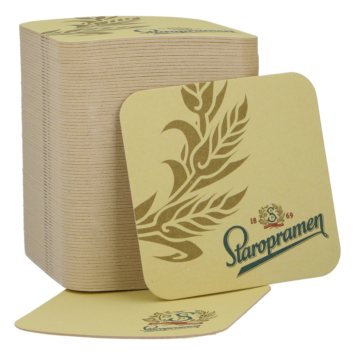 100 Staropramen Beer Coasters, 1869 Green Logo, Wheat Motif, Beige