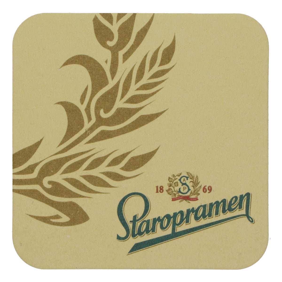 100 Staropramen Beer Coasters, 1869 Green Logo, Wheat Motif, Beige – View 3