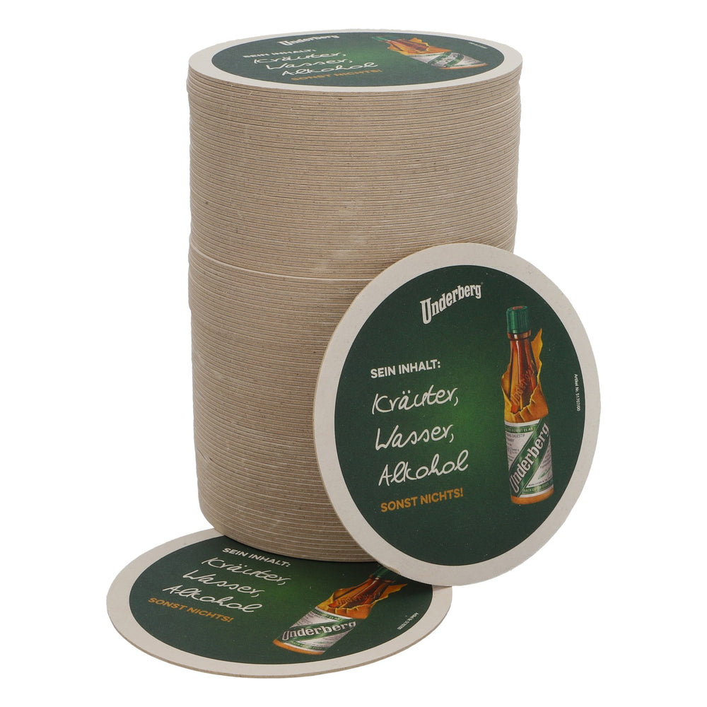 100x Underberg liqueur beer coasters, cardboard coasters, glass coasters, round, 11 cm