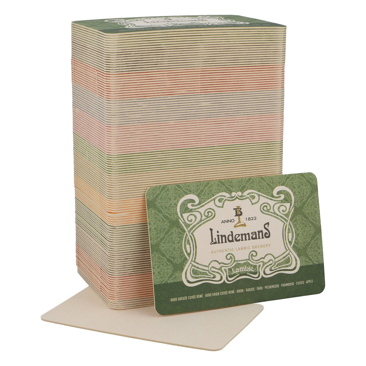 120x Lindemans beer coasters, glass coasters, bar accessories, 12x8 cm, colorful