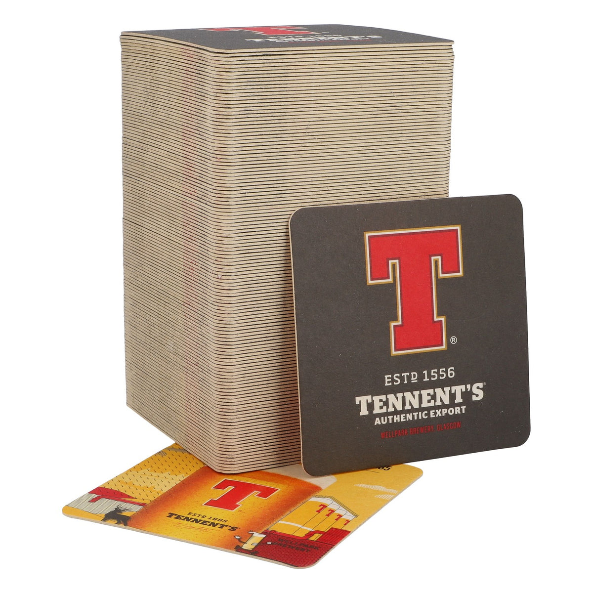 120x Tennent's beer coasters, glass coasters, lids, 9.5x9.5 cm
