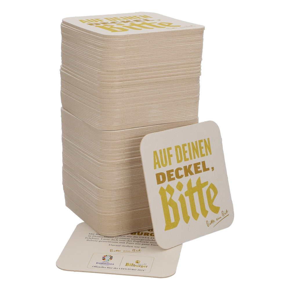 125x Bitburger beer coasters 9x9 cm "Auf deinen Deckel Bitte" ("On your coaster, please") Back: "Euro 2024"