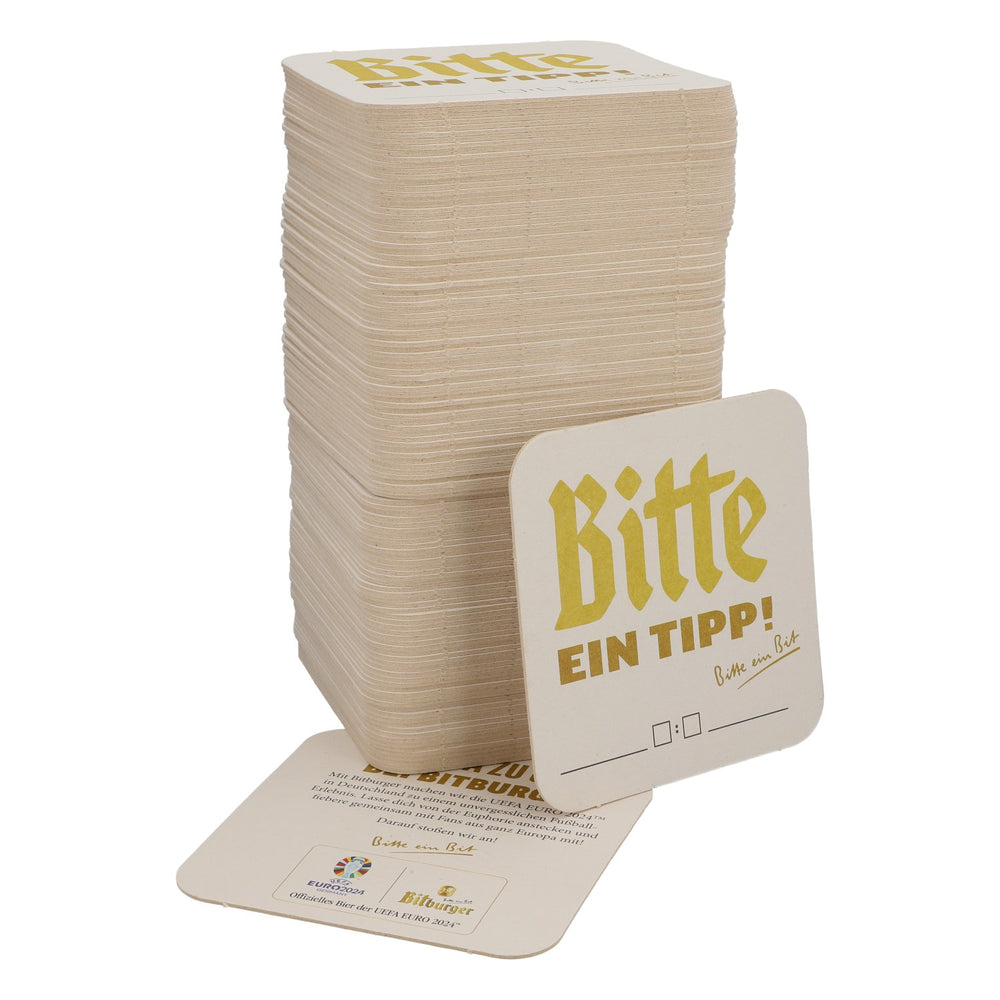 125x Bitburger beer coasters 9x9 cm "Bitte ein Tipp" ("A tip, please") Back: "Euro 2024"