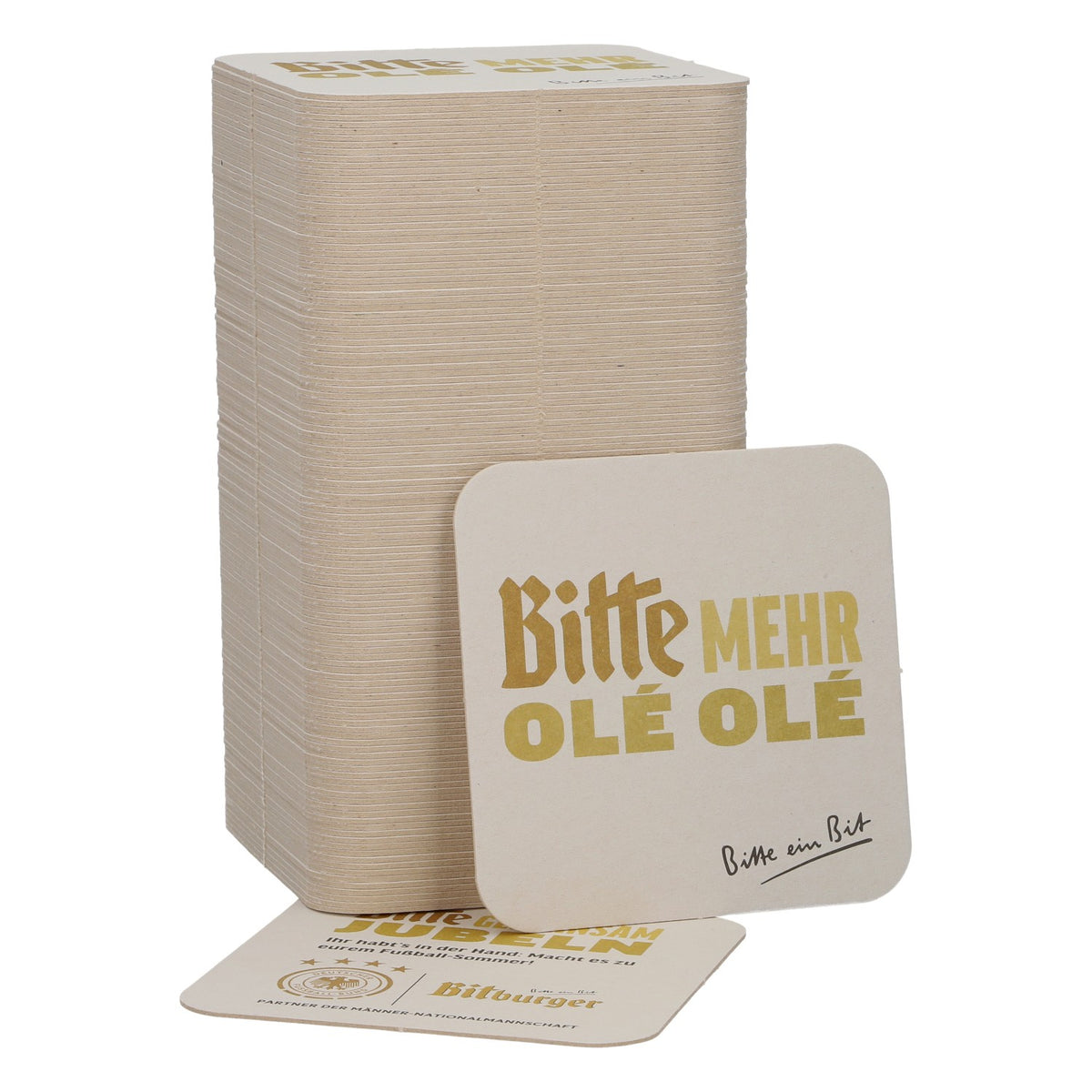 125 Bitburger beer coasters, 9x9 cm. "Bitte Mehr Ole Ole" German Soccer Federation