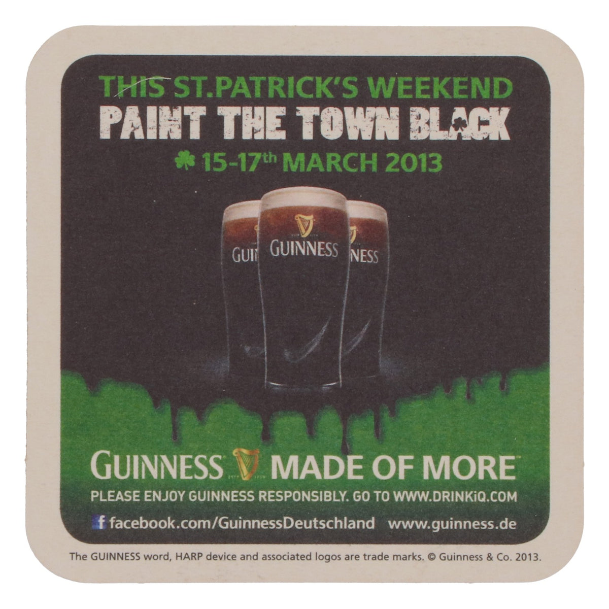 125 Guinness Beer Coasters, March 2013, "Paint the Town Black" with Green Accents – View 3