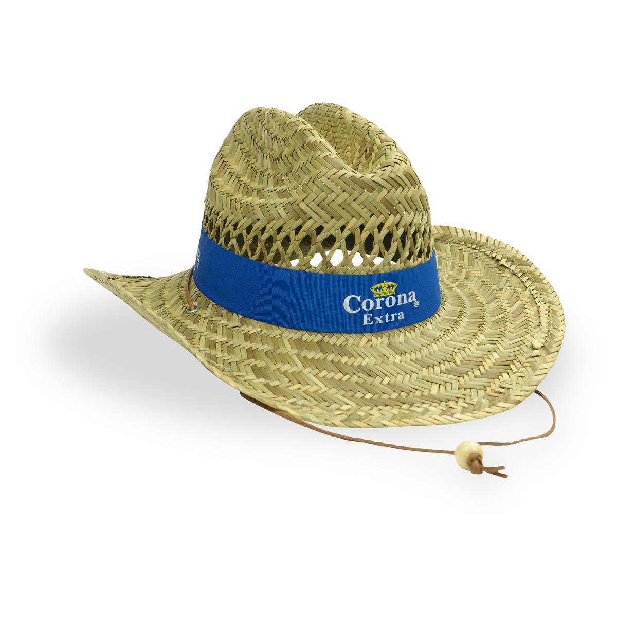 1x Corona beer straw hat, natural with blue ribbon