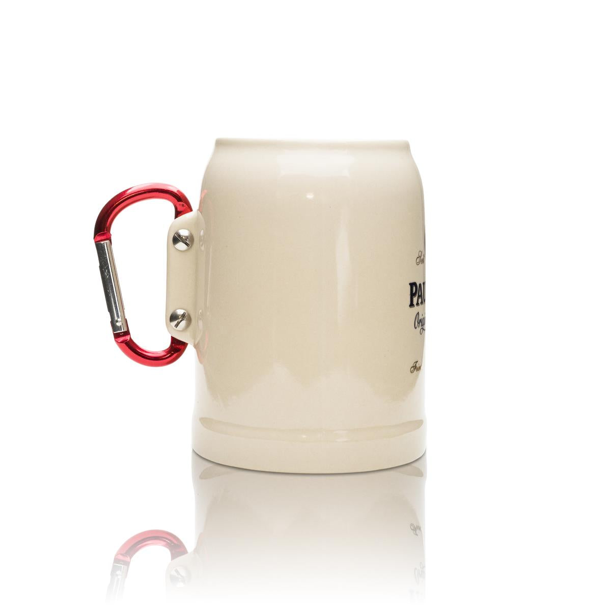 1x Paulaner beer mug, clay, 0.5 l, with colorful carabiner