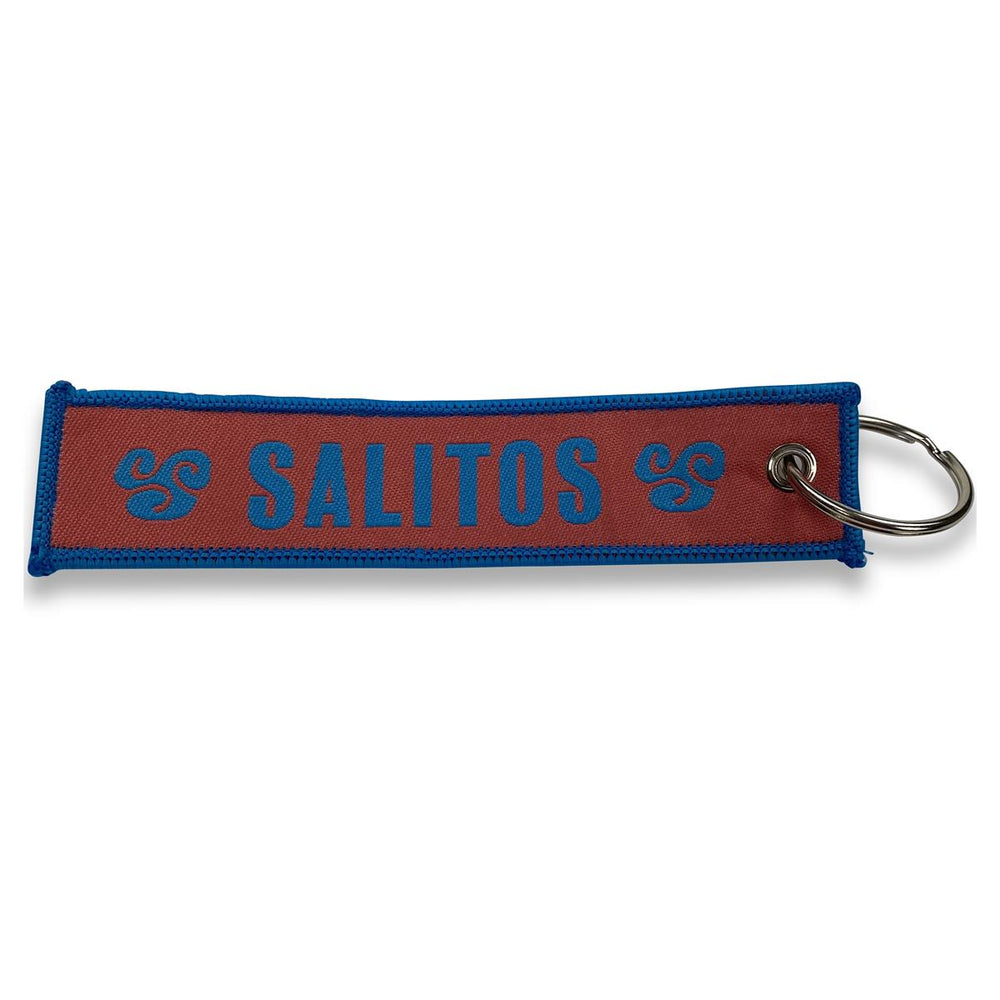 1x Salitos beer key ring, blue and pink fabric strap