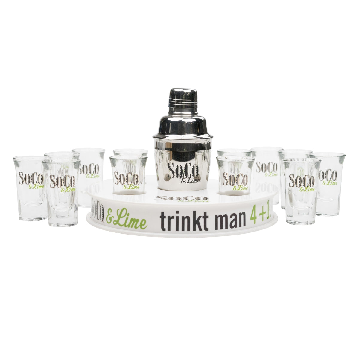 1x Soco Lime Whiskey Shot Set 12 shot glasses, 1 shaker, and 1 tray