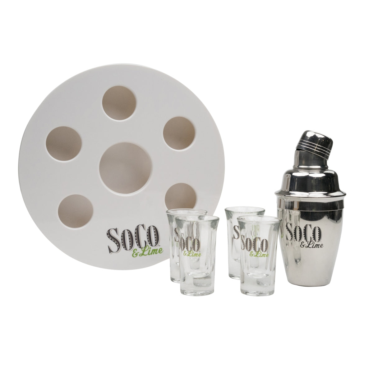 1x Soco Lime Whiskey Shot Set 12 shot glasses, 1 shaker, and 1 tray – View 3