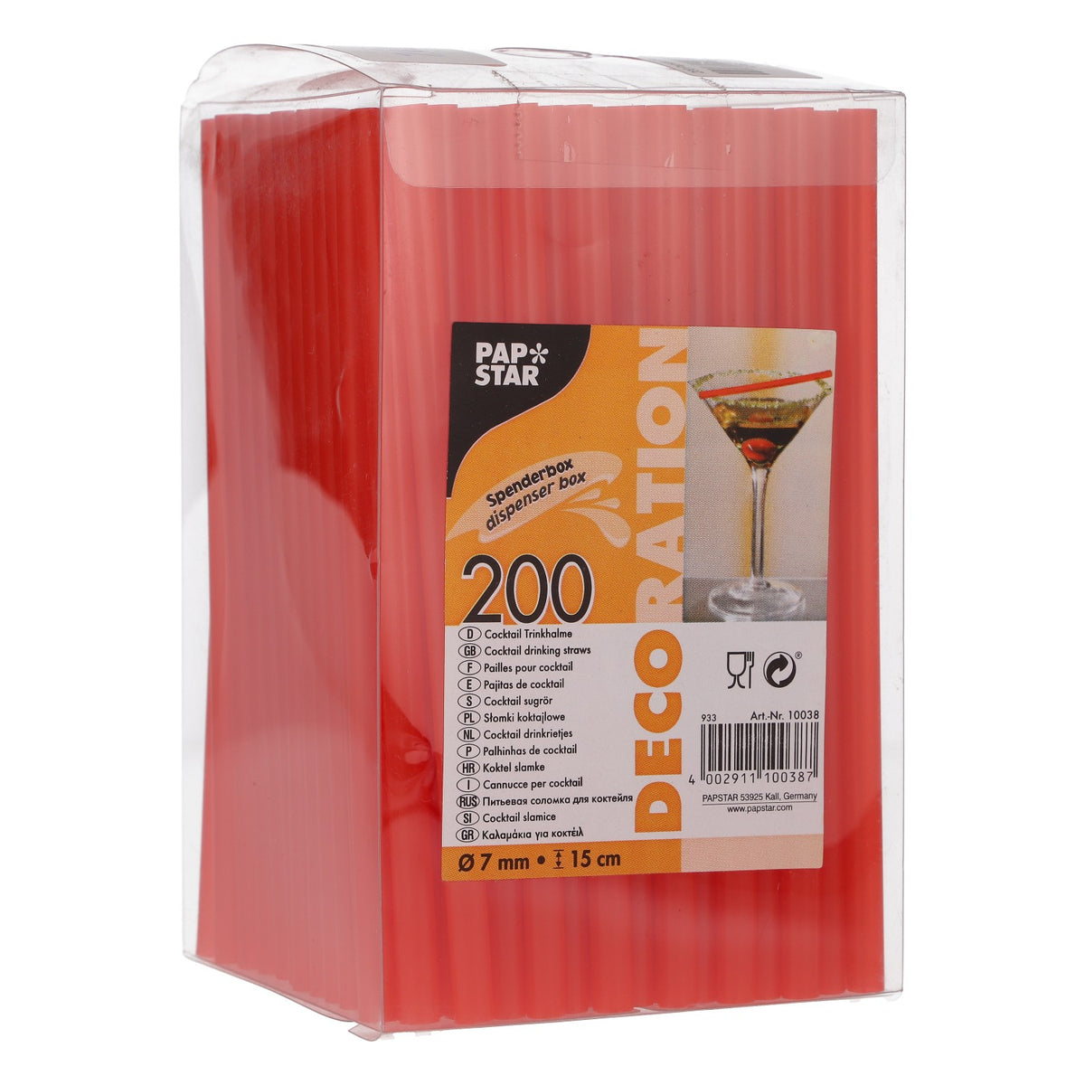 200 Papstar Cocktail Straws, Red, Plastic, 0.7 x 15 cm, Dispenser Box