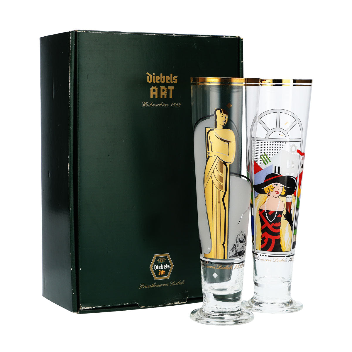 2x Diebels Beer Glass Collector's Box 2 Special Glasses Christmas 1992 Data Sheet