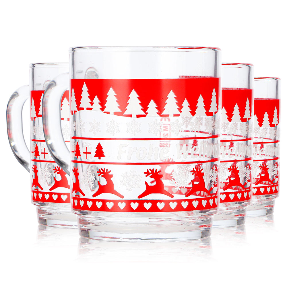 4 Mohaba Clear Glass Mulled Wine Mugs with Norwegian Deer Pattern, 0.2 L, Calibrated