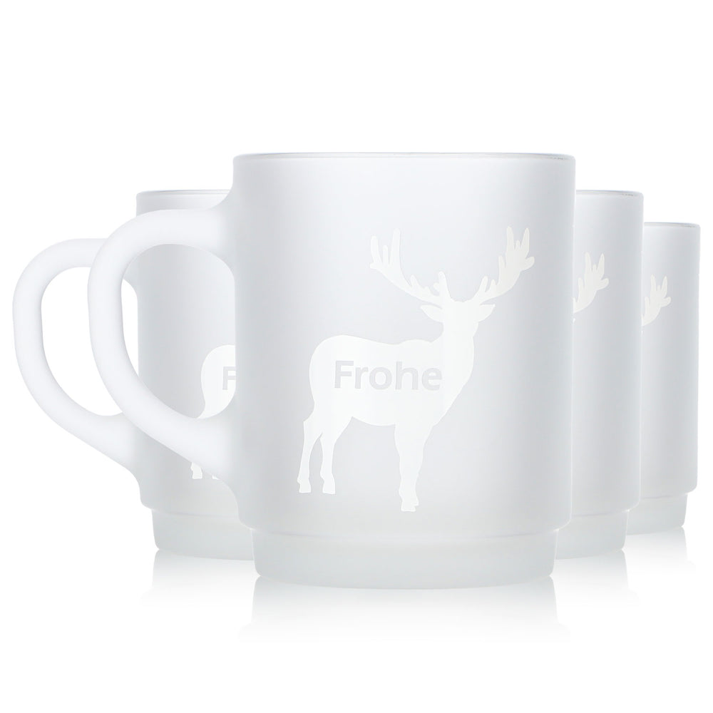 4 Mohaba Satin-Finish Glass Mulled Wine Mugs with Deer Design, "Merry Christmas," 0.2 L, Calibrated