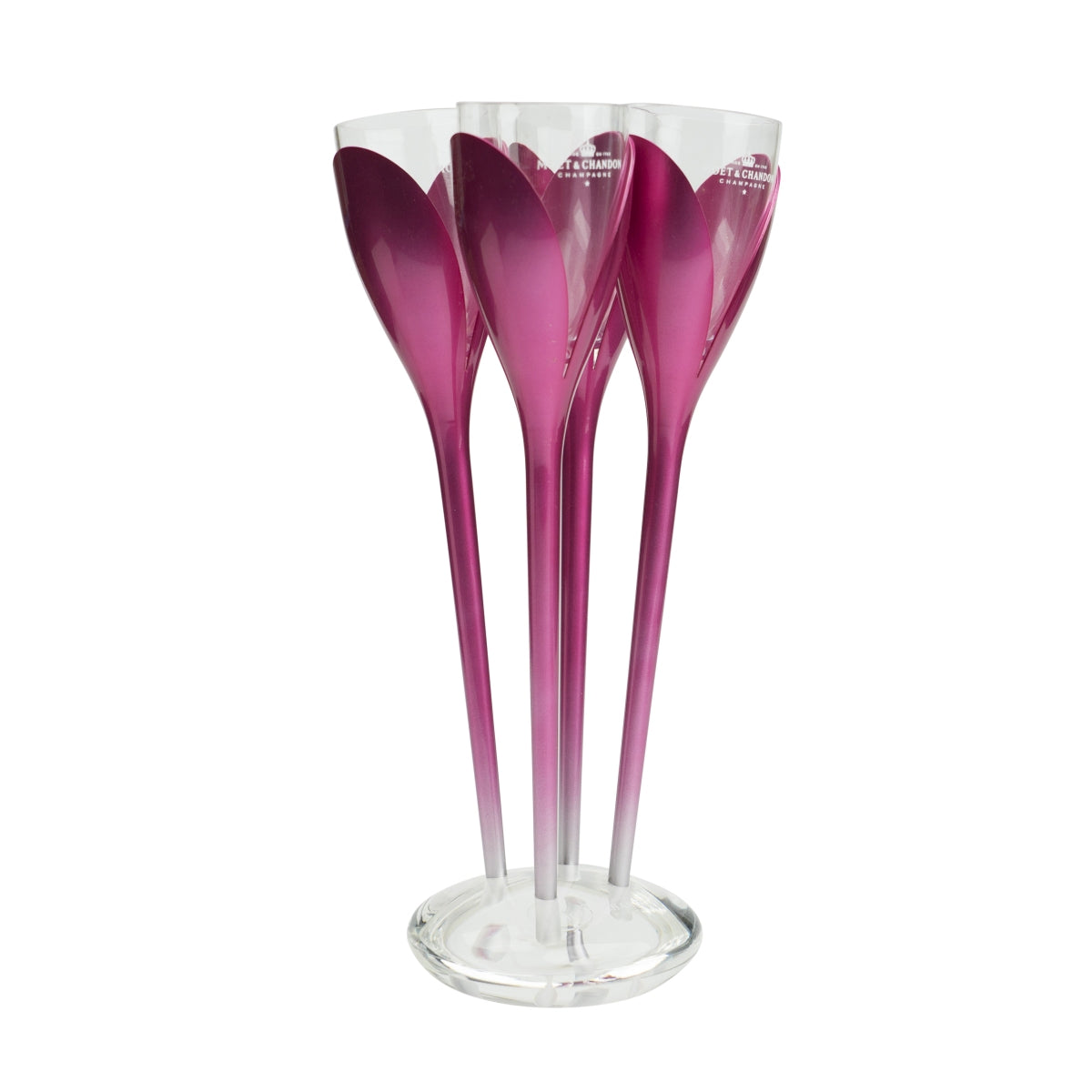 4x Moët & Chandon Champagne Glass Holders Tulip + 4 Plastic Glasses Stand Pink