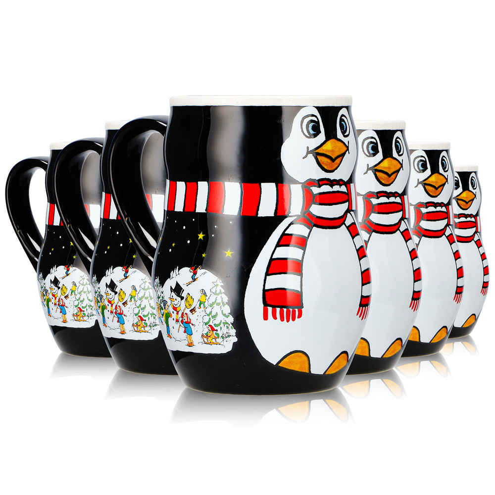 6 Mohaba Mulled Wine Mugs, Penguin Mug with Relief Design, "Merry X-mas," Black/White, 0.2 L, Calibrated