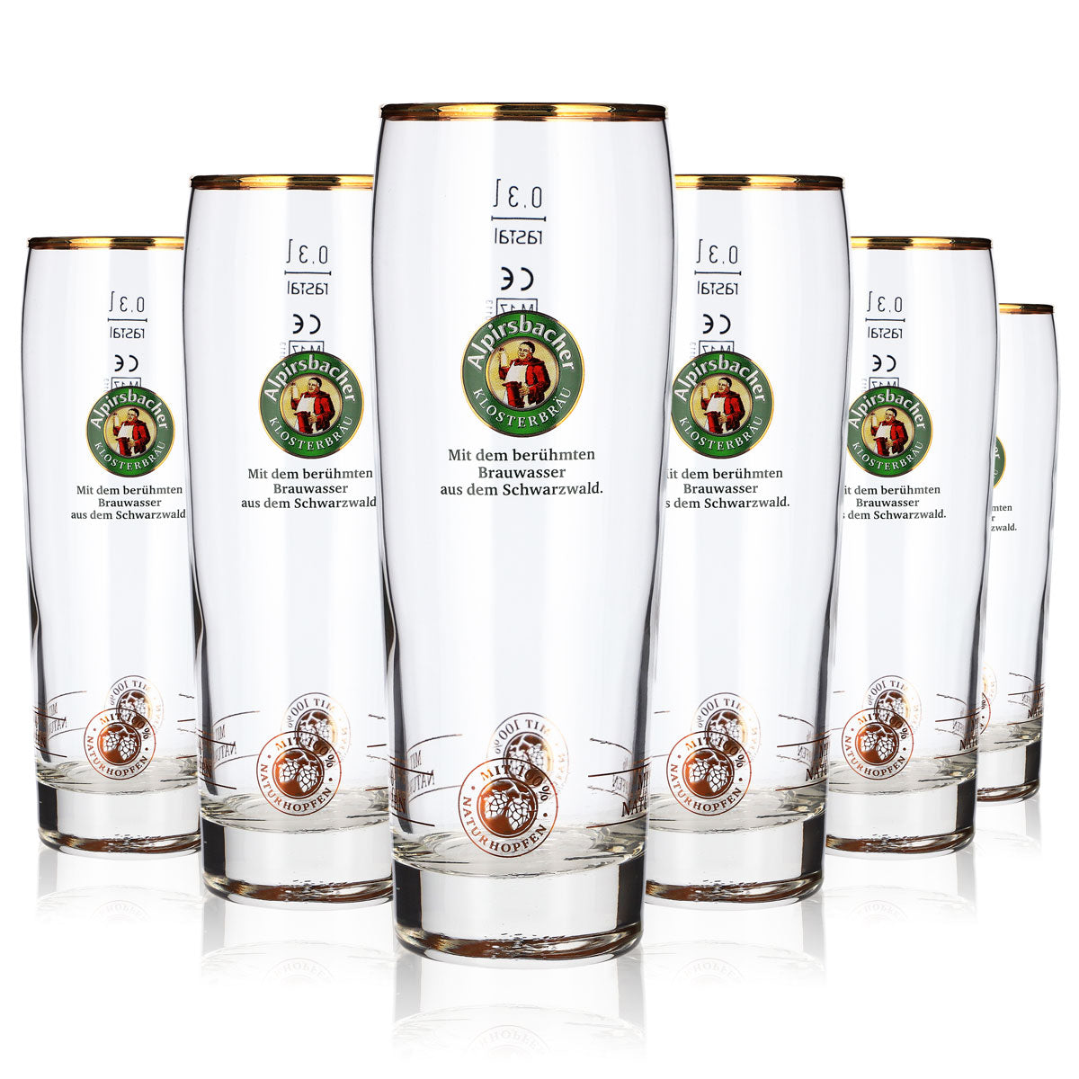 6 Alpirsbacher Beer Glasses, 0.3 L, Gold-Rimmed Rastal Beer Glasses (Set of 6)