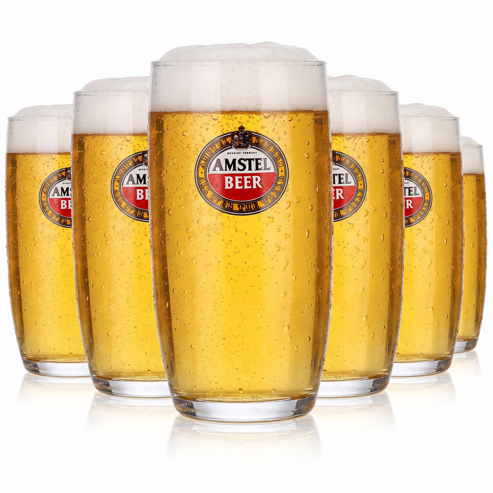 6 Amstel Beer Glasses, 0.33 L, Straight-Sided Beer Glasses with Gold Rim (Set of 6)