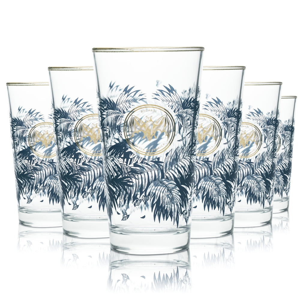 6x Bacardi Glass 0.4l Long Drink Cocktail Glasses Gold Rim Palm Trees Razz Oakheart