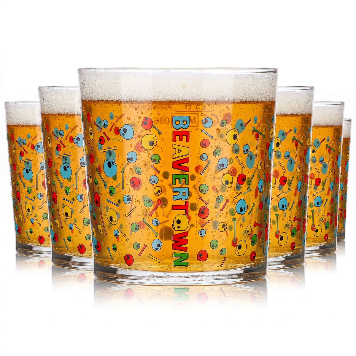 6 Beavertown Beer Glasses, 0.25 L Tumblers with Colorful Skulls, Bormioli Rocco