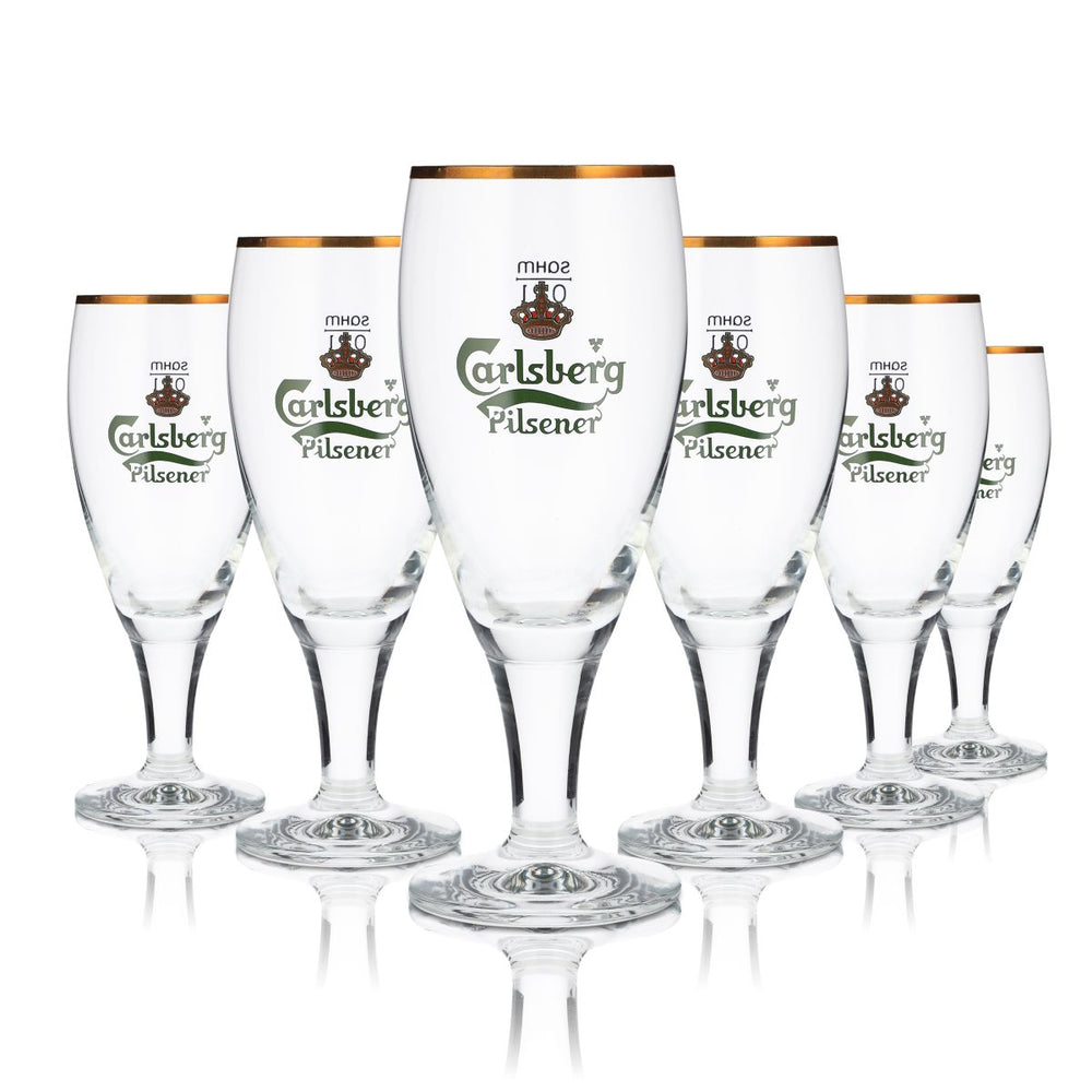 6x Carlsberg glass 0,2l goblet tulip gold rim Pilsener glass set Brewery Denmark