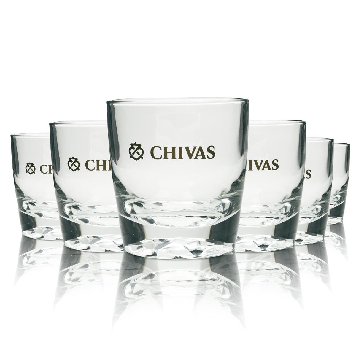 6x Chivas Regal glass tumblers with gold lettering, V-shaped