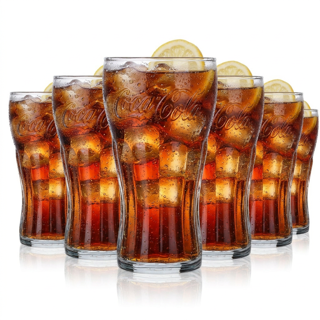 6x Coca Cola contour glass 0.3l soft drink soda glasses set with relief lettering, iconic