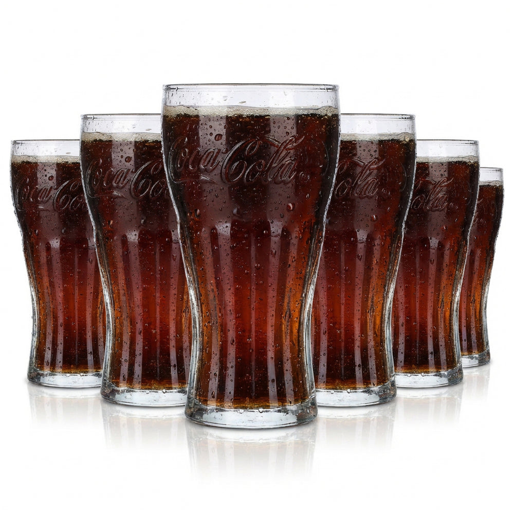 6x Coca Cola contour glass 0.4l soft drink soda glasses set with relief lettering, iconic