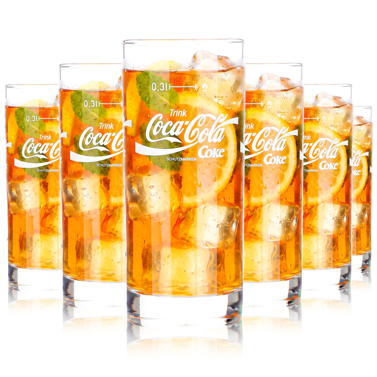 6 Coca-Cola Soft Drink Glasses, 0.3 L, White "Coke" Logo, Contains Caffeine