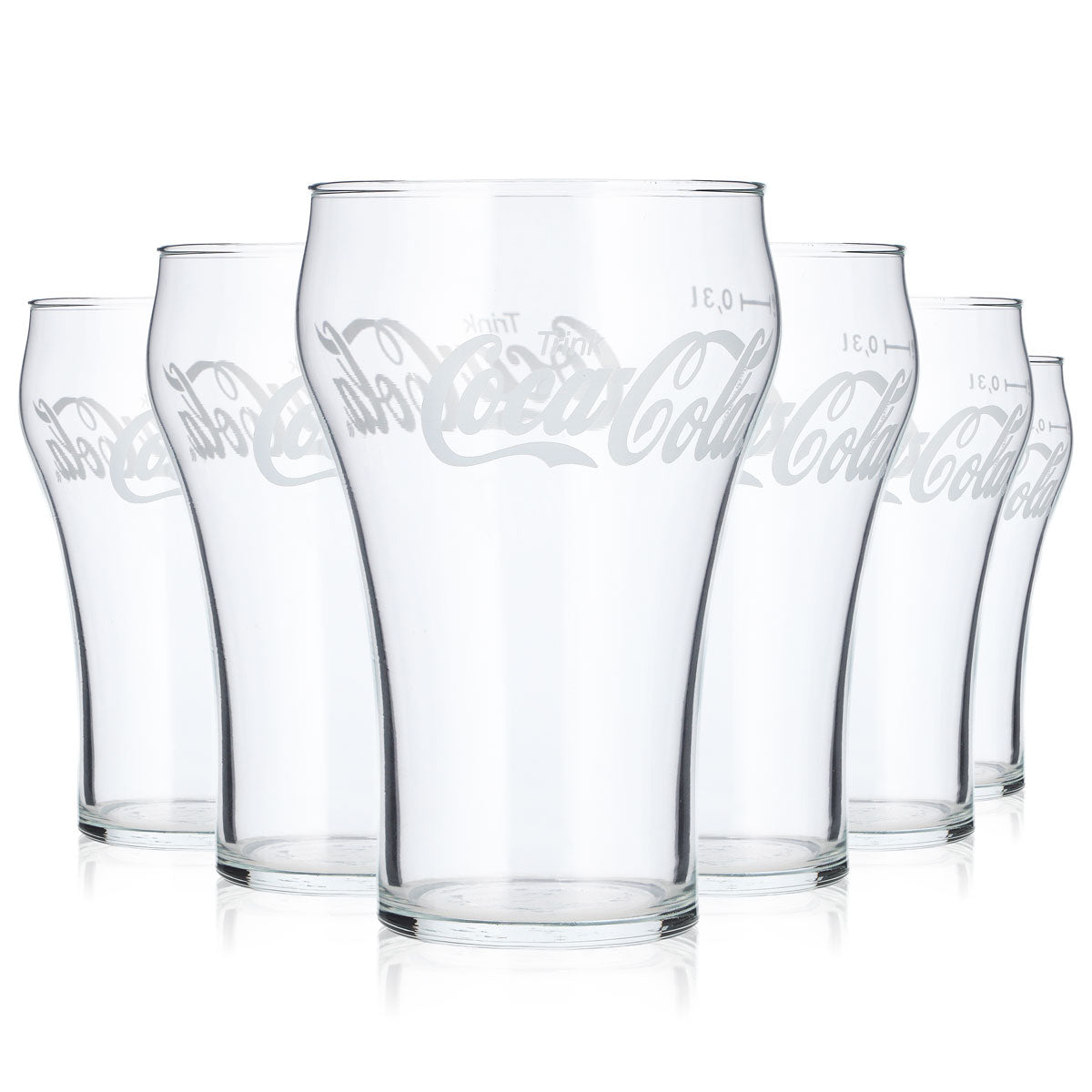 6 Coca-Cola Soft Drink Glasses, 0.3 L, Contoured Glass, White Logo (Set of 6)