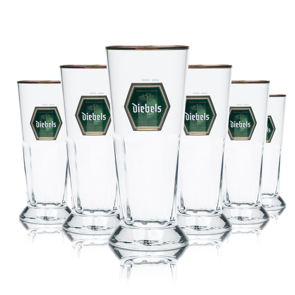 6x Diebels Beer Glass 0.25l Trophy Relief Copper Rim Tulip Glasses Brewery Cup Bar