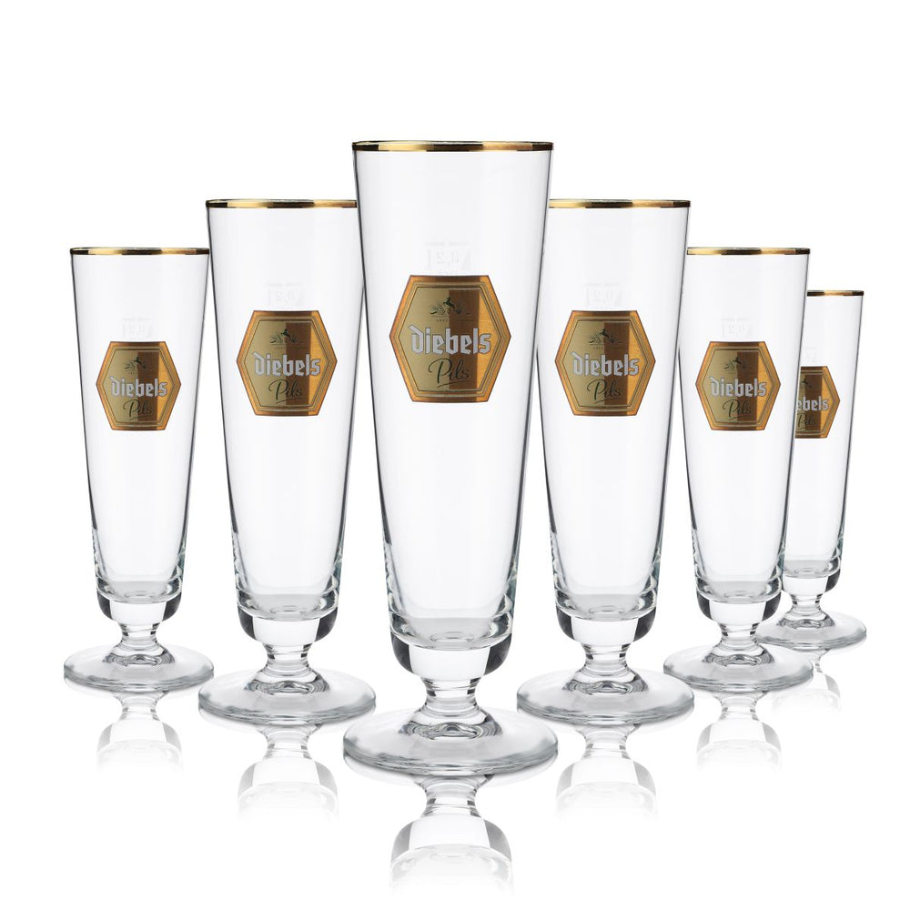 6x Diebels beer glass 0.2l goblet glass Pilstulpe gold rim glasses set brewery gastro