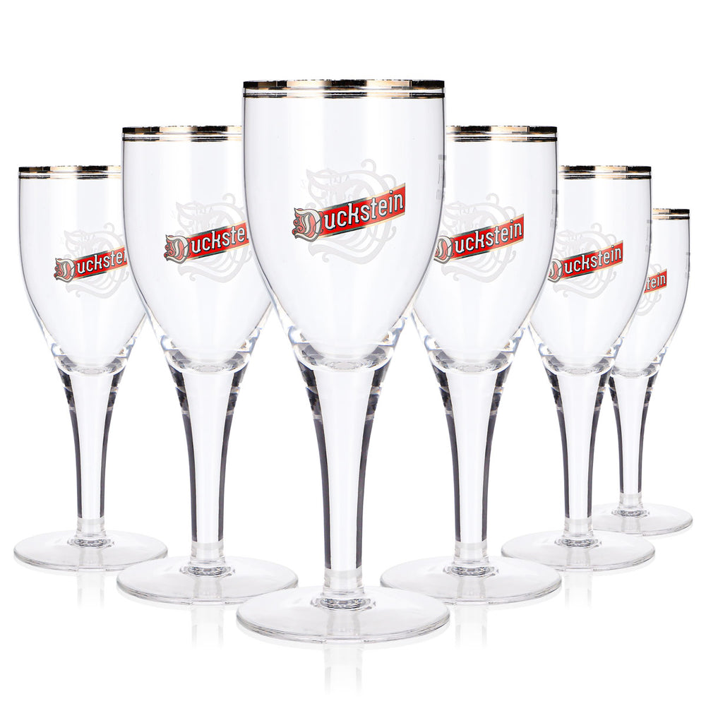 6x Duckstein Beer Glass, 0.2 L, Tulip Shape, Silver Rim, Cream-Colored, Red Logo (Set of 6)