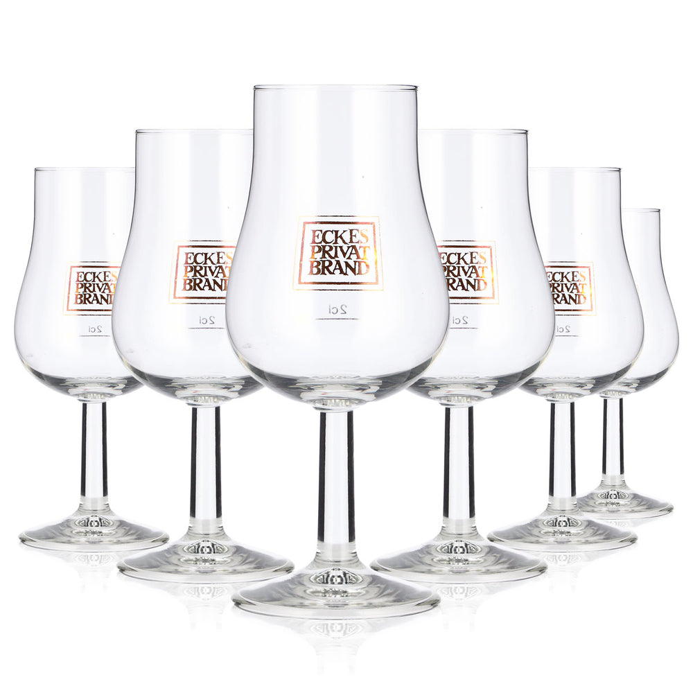 6 Eckes Brandy Glasses, 2 cl, Tulip Shape, Brown Logo, Böckling Privat Brand