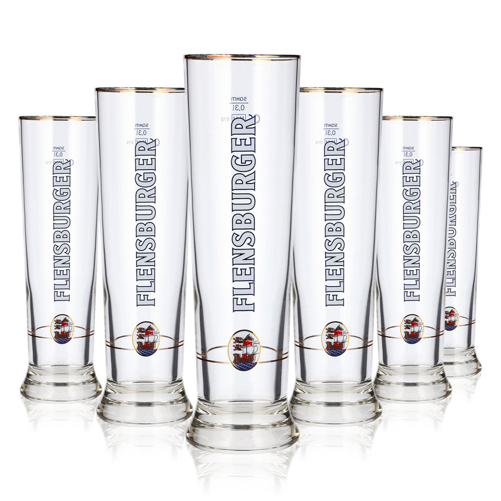6 Flensburg Beer Glasses, 0.3 L, Goblet, Gold-rimmed, Cream