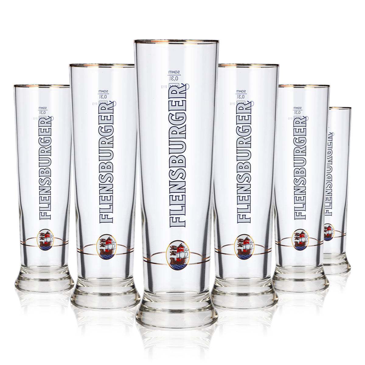 6 Flensburg Beer Glasses, 0.3 L, Goblet, Gold-rimmed, Cream
