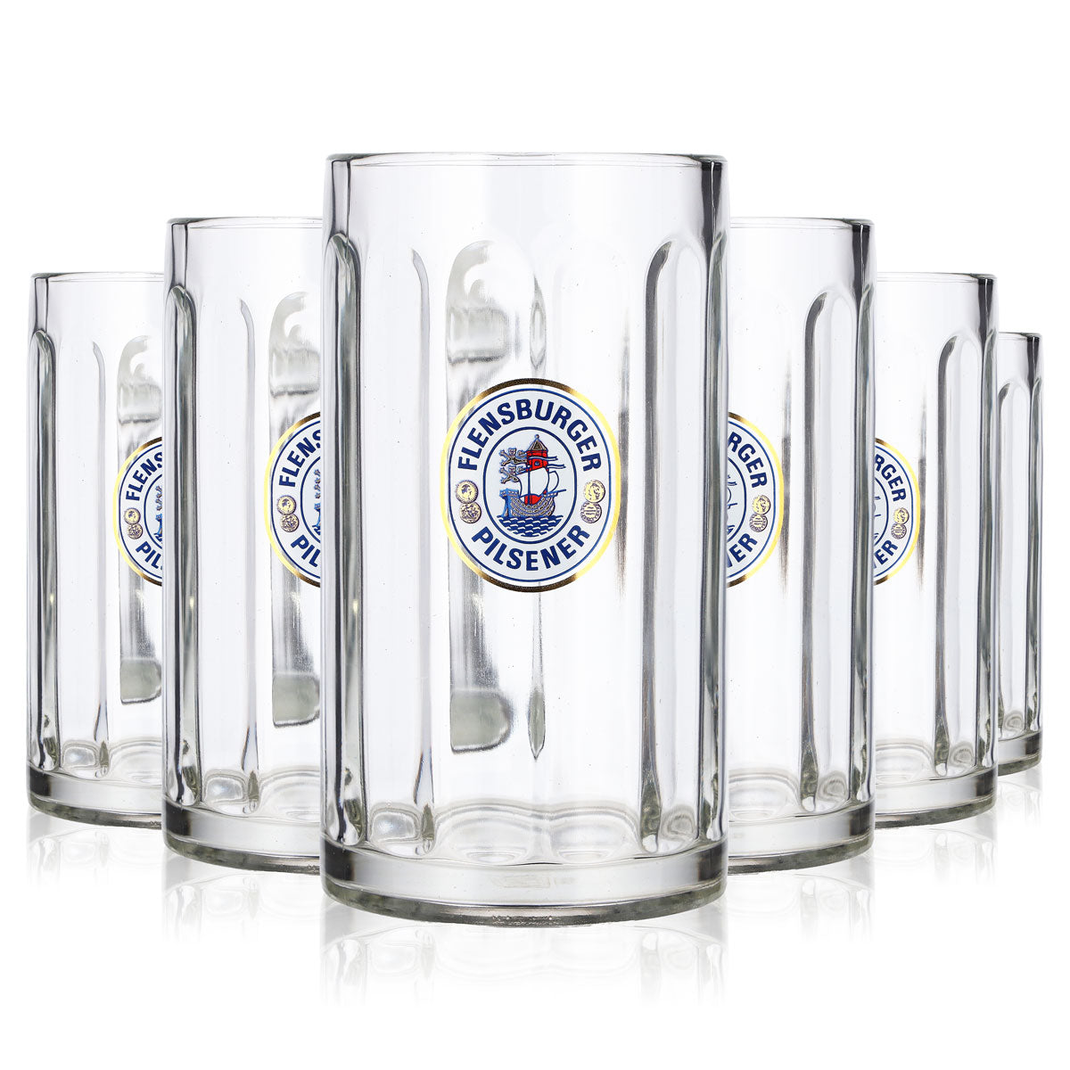 6 Flensburg Beer Glasses, 0.5 L, Jug, Ship Logo, Rastal