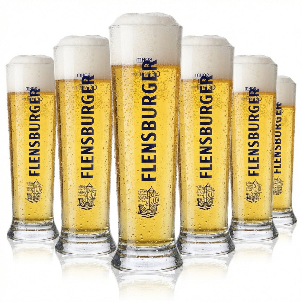 6x Flensburger glass 0.2l beer mug with blue lettering Sahm Vancouver