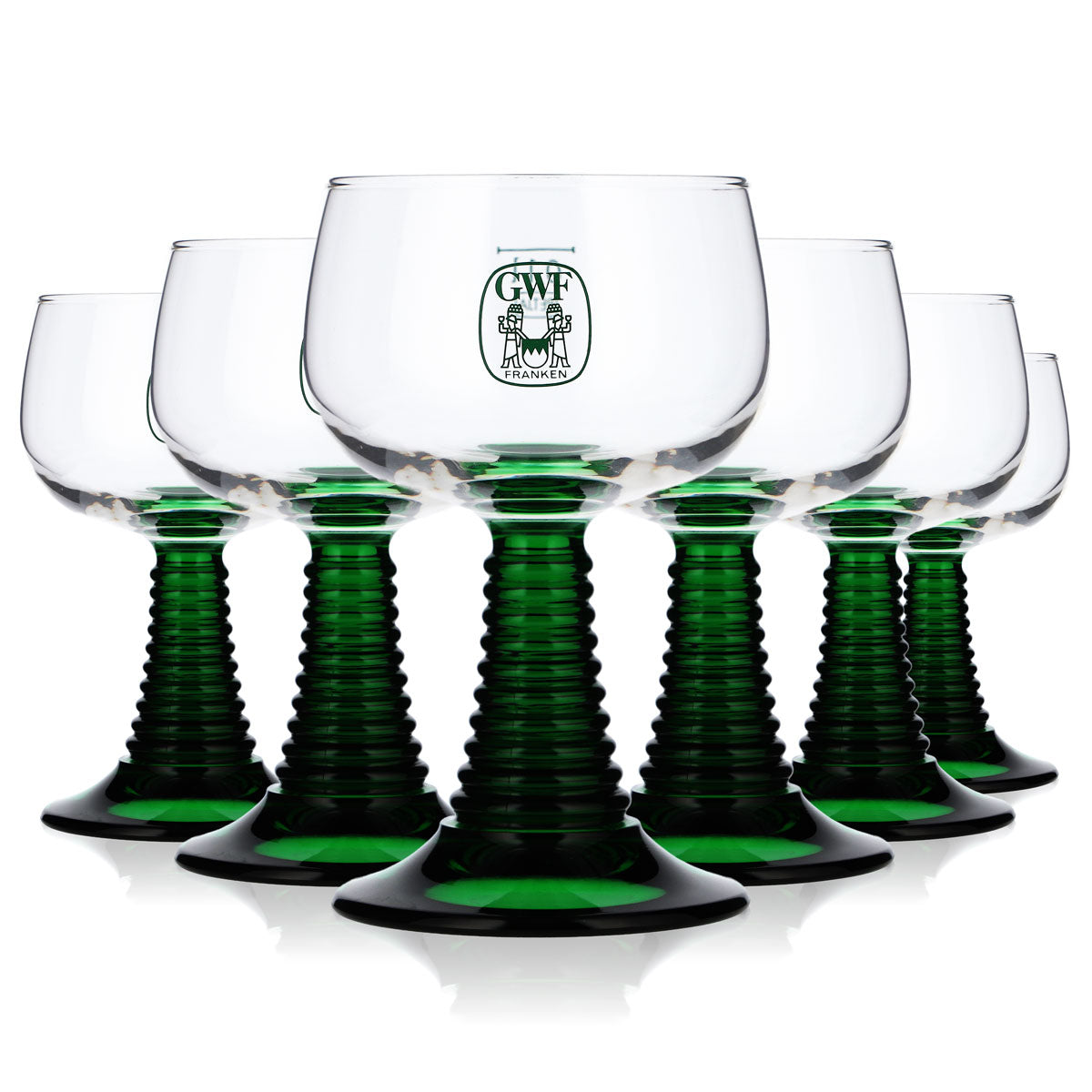 6x Franconian wine glass, Roman style, 0.1 l, Franconian Winegrowers' Cooperative, green stem