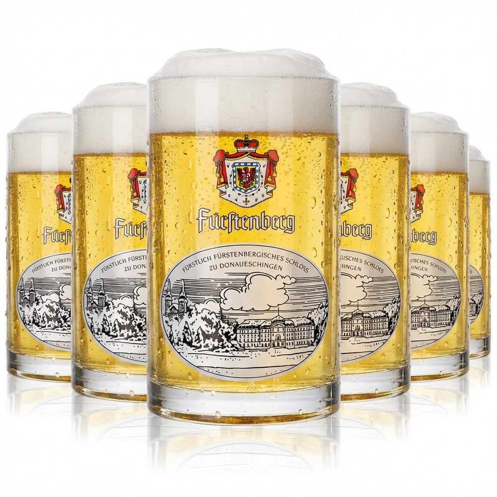 6x Fürstenberg beer glasses, 0.25 l mug, "Fürstenbergisches Schloss" (Fürstenberg Castle) design, "Glückauf" (Good luck)