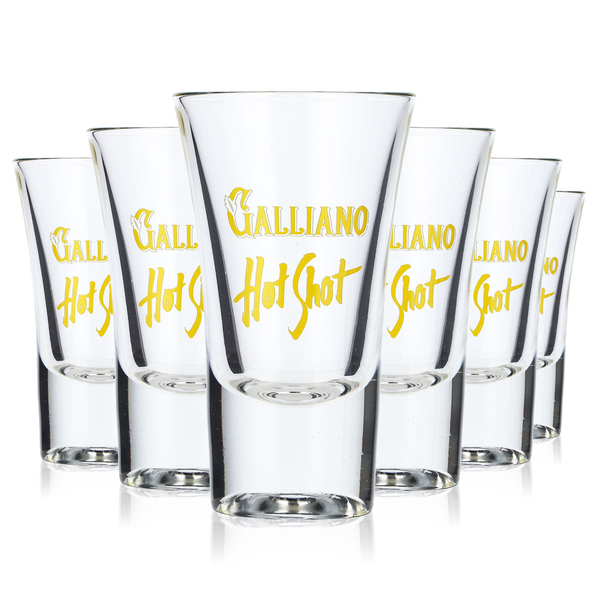 6 Galliano Liqueur Shot Glasses with "Hot Shot" in Yellow Lettering