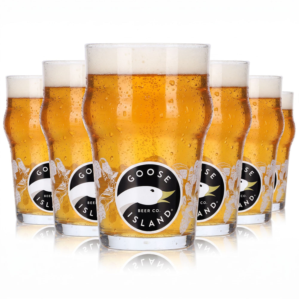 6 Goose Island Beer Glasses, 0.25 L, Long Drink, Goose Logo, Nut Motif, White and Cream