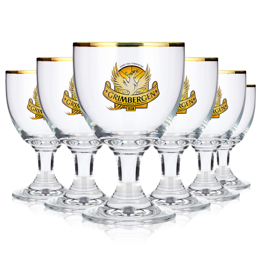 6 Grimbergen Beer Glasses, 25 cl, Goblet-Shaped, Yellow Ritzenhoff Logo, Tulip-Shaped
