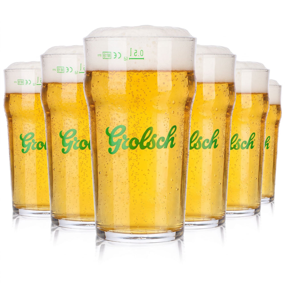 6 Grolsch Beer Glasses, 0.5 L, Contoured Glass, Green Logo, Rastal