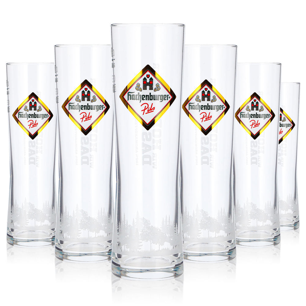 6 Hachenburger Beer Glasses, 0.2 L, Long Drink, Pils, Rastal, Golden Logo (Set of 6)